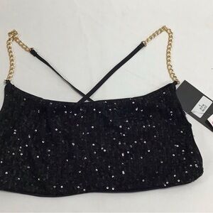 Elegant Black Sequin Crop Top with Gold Chain Straps